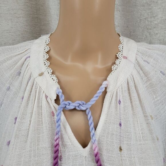 Democracy Woven Split V-Neck 3/4 Blouson Sleeve Crochet Edge Woven Top - Picture 3 of 15